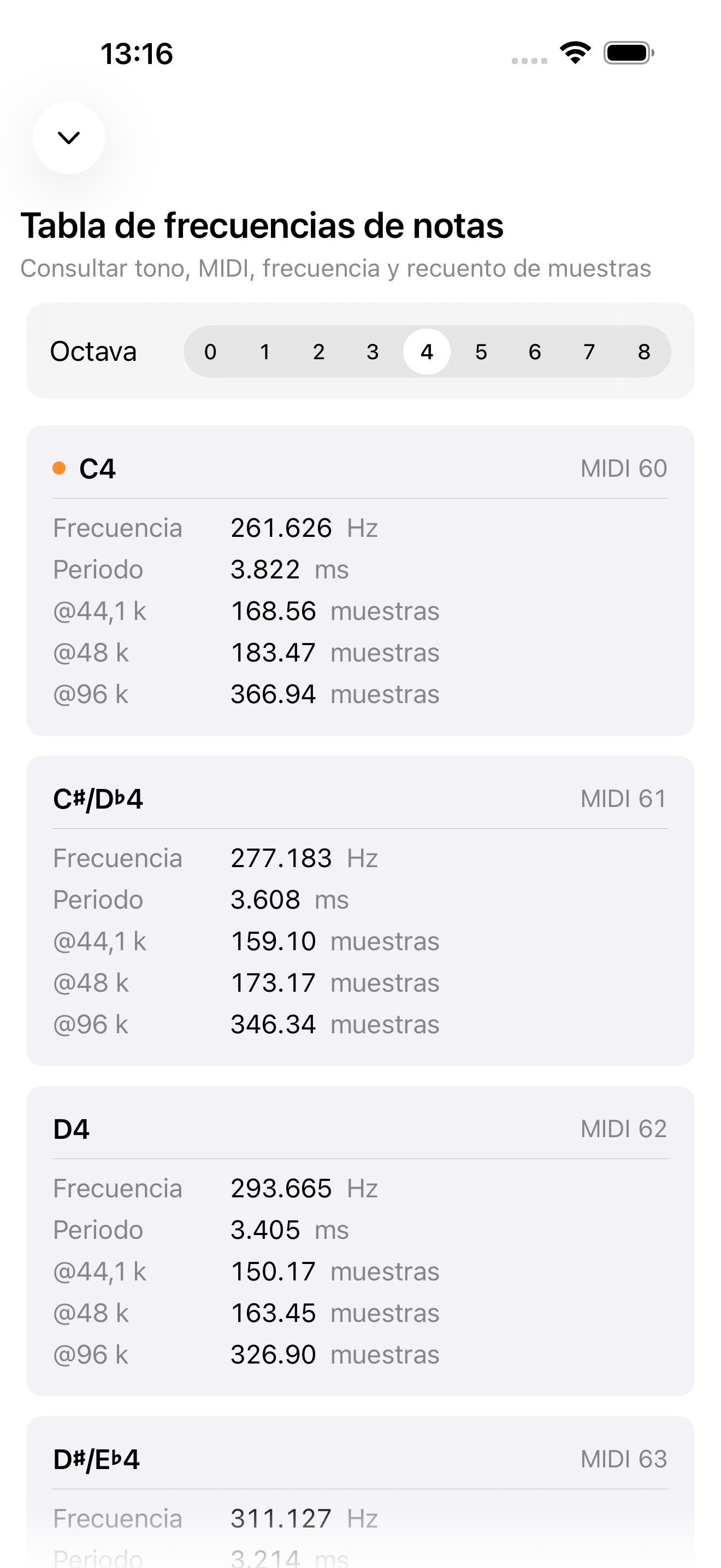 Conversor nota a frecuencia en iPhone